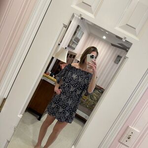 White a blue off the shoulder dress